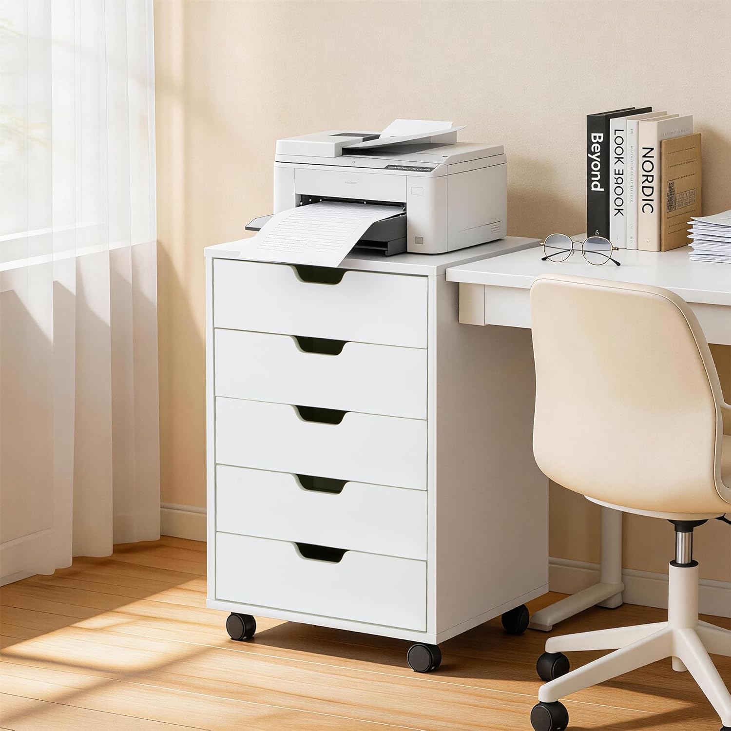 5 Drawer Chest Storage Cabinet Dresser, Wood Nightstand, Mobile Organizer Drawers for Office Bedroom Hallway Entryway Closets,White