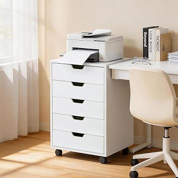 5 Drawer Chest Storage Cabinet Dresser, Wood Nightstand, Mobile Organizer Drawers for Office Bedroom Hallway Entryway Closets,White