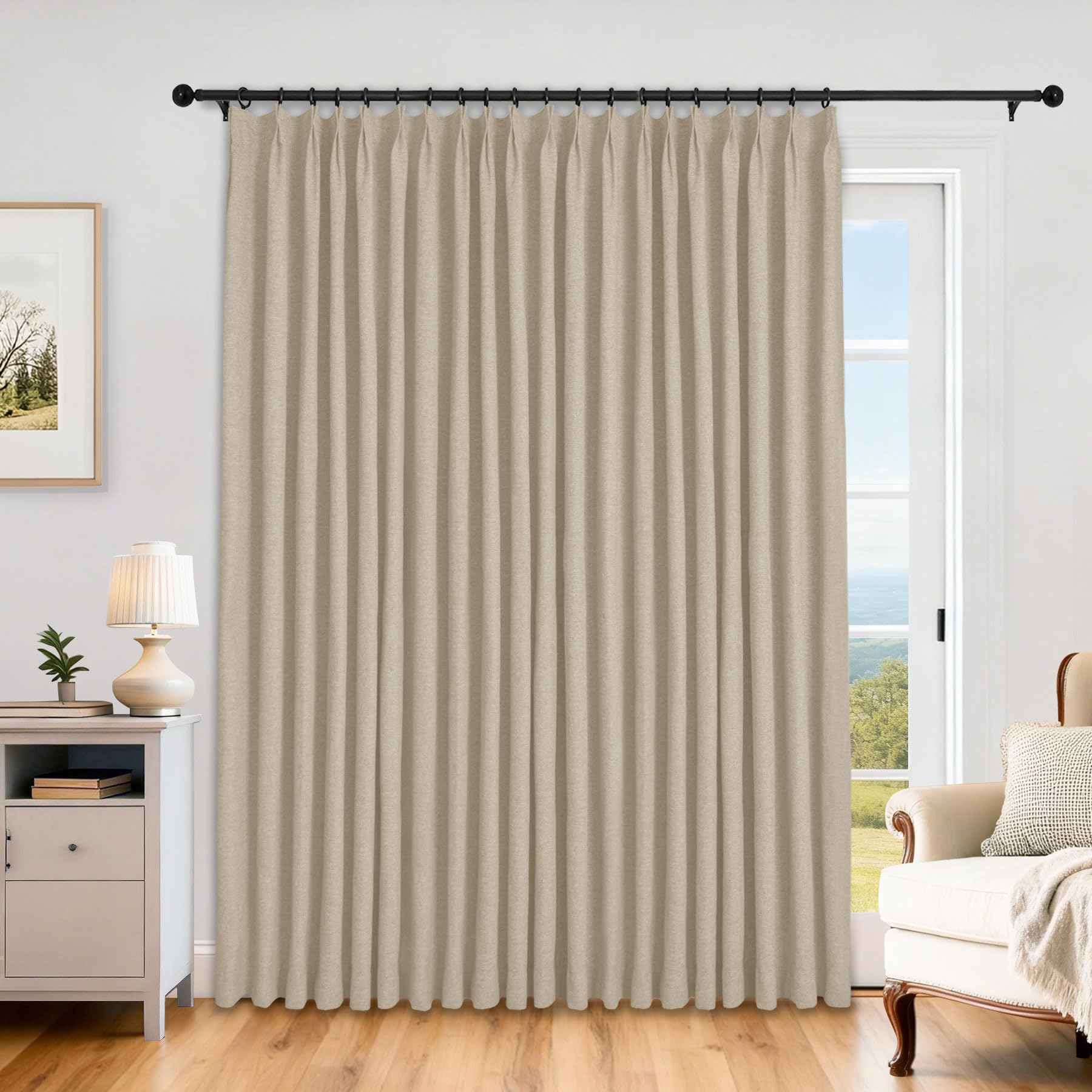 Cortinas plisadas de lino para patio: aislamiento térmico y estilo extra ancho en marrón claro