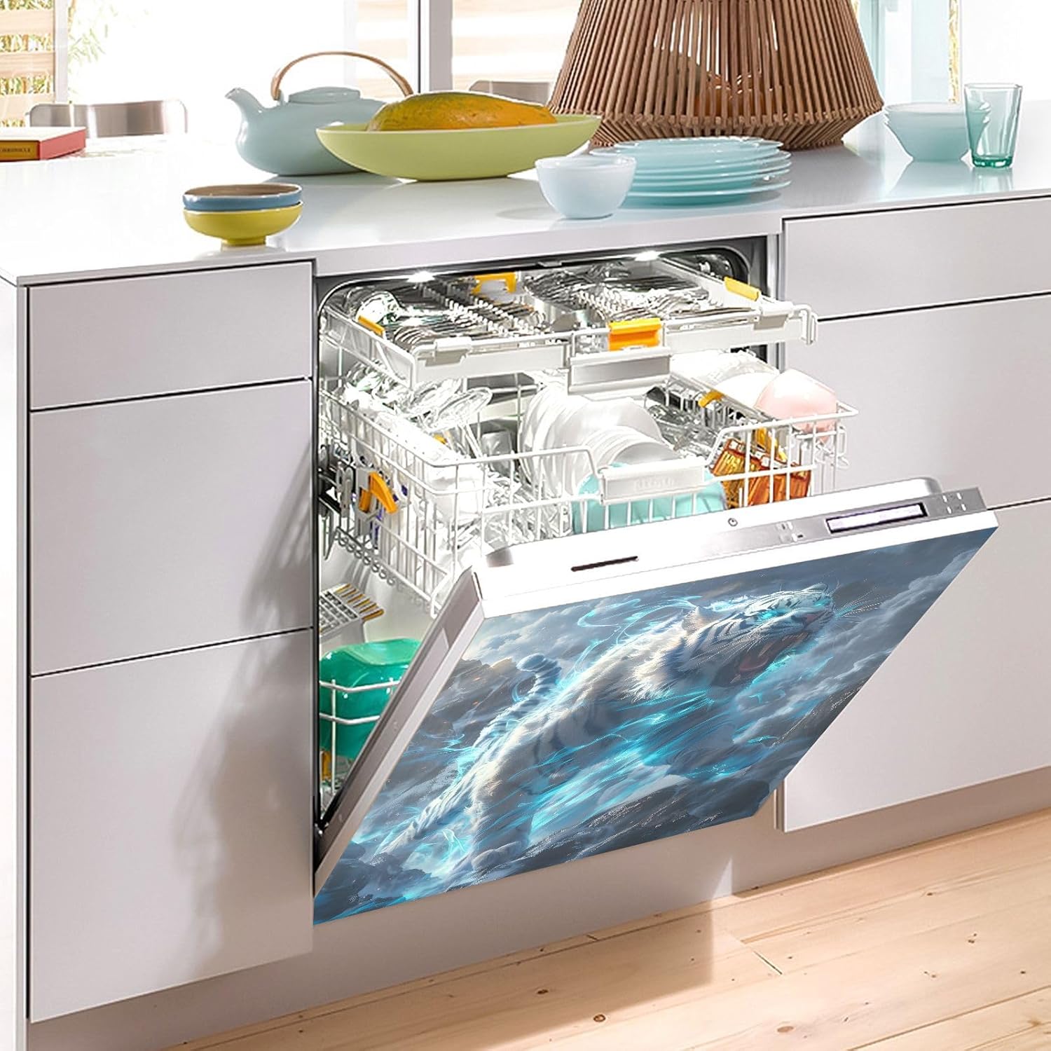 Dishwasher Magnet Cover Large Magnetic Stickers White Tiger Roar Front Dishwasher Cover for Home Kitchen Refrigerator Decorative Lid