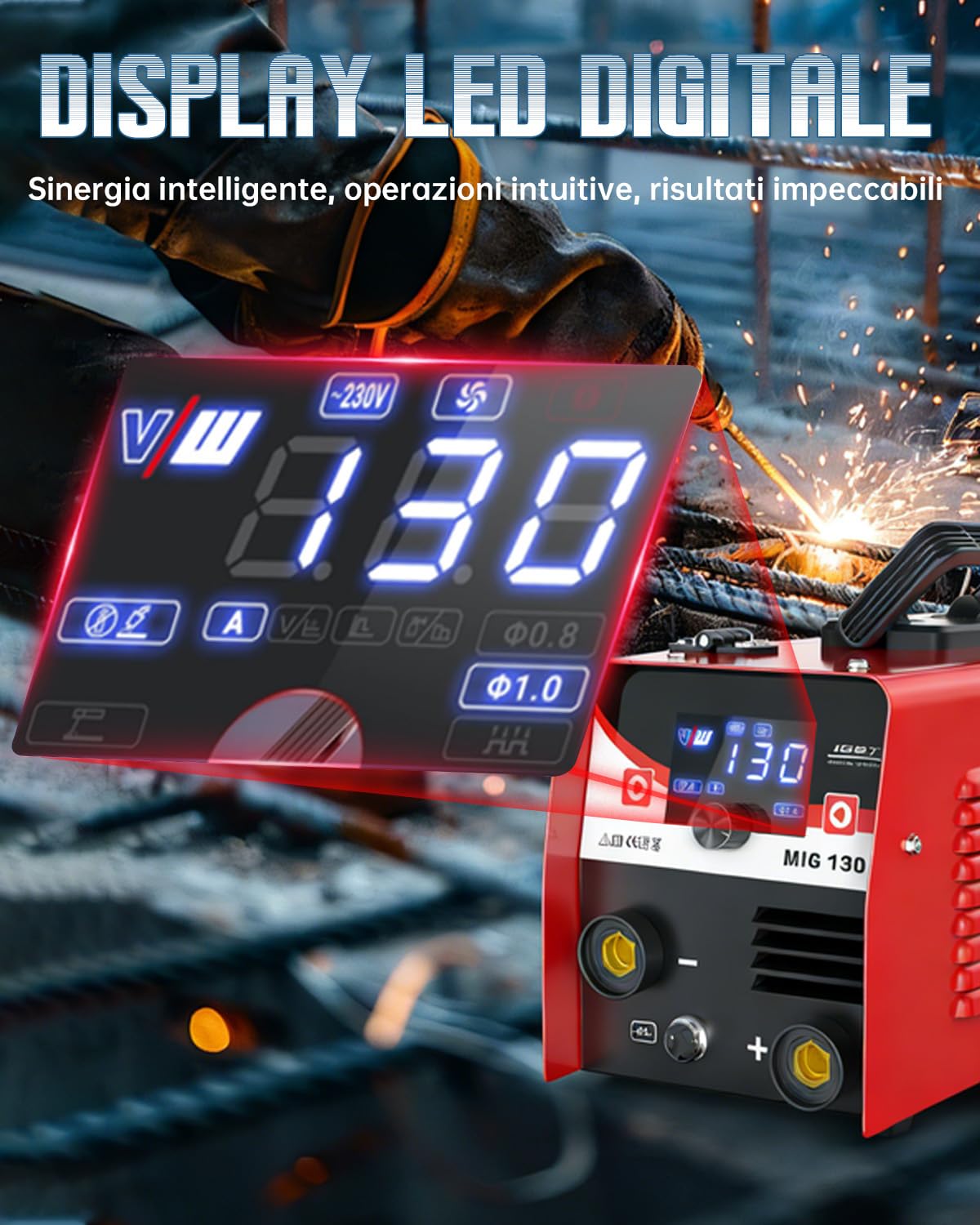 MIG 130A Saldatrice a Filo Continuo No Gas - Inverter Saldatore Portatile 3 in 1 (ARC/Flux MIG/STICK) con Maschera Auto-Oscurante e Torcia - Tecnologia IGBT Compatto per Principianti - VECTOR WELDING