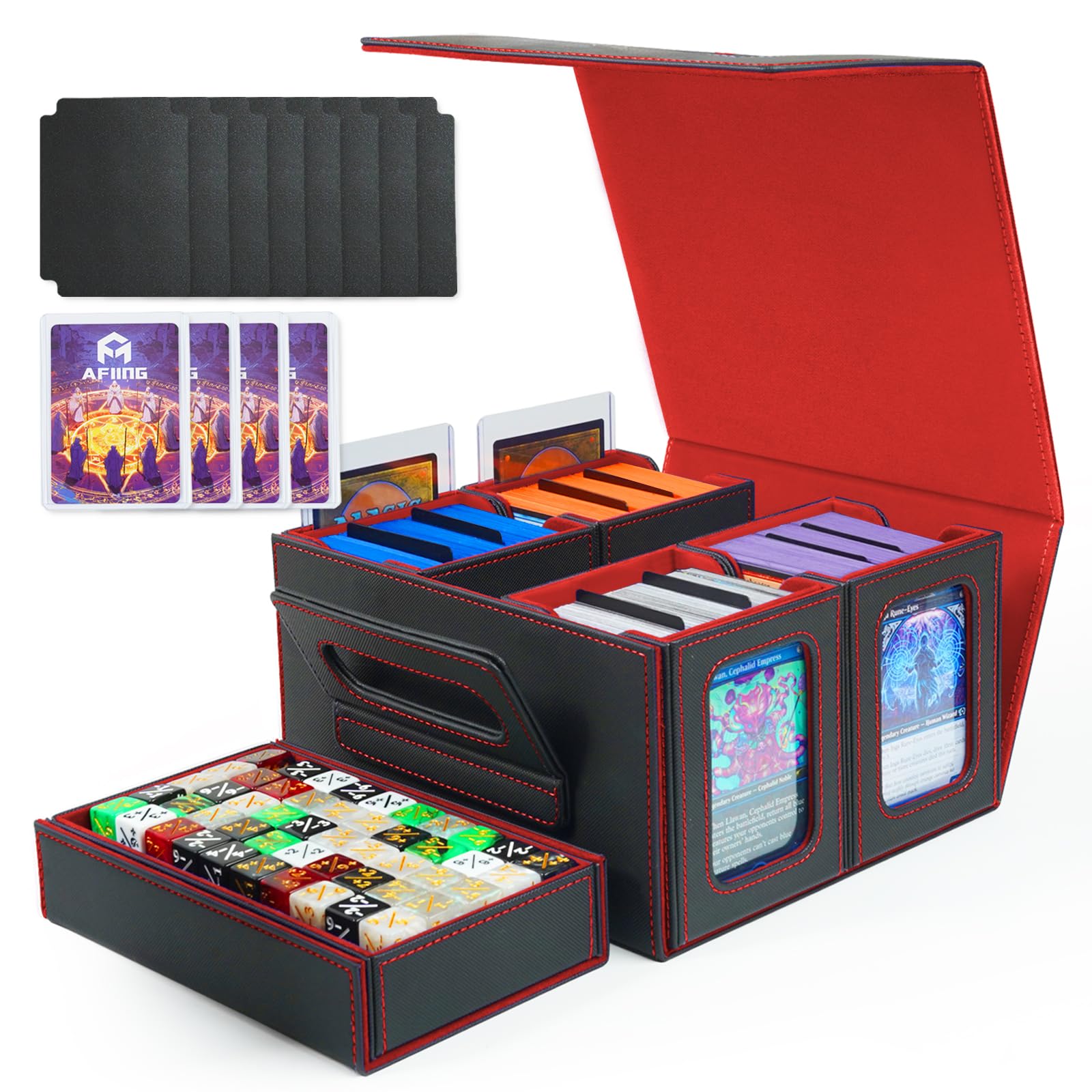 AFIING Commander Deck Box for MTG, Holds 400+ Double-Sleeved Cards, 5-in-1 Trading Card Storage Box with 4 Removable Deck Cases, Dice Tray & Handle (Red)