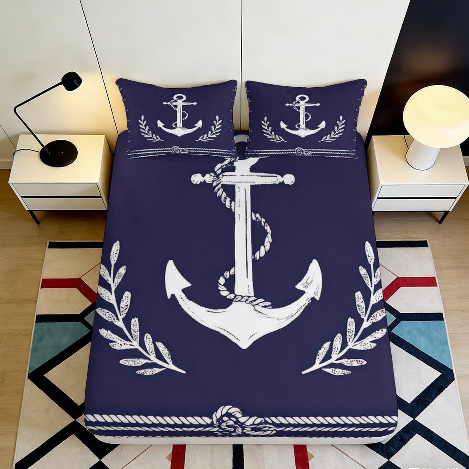 3D Printed Nautical Anchor Fitted Sheet Microfiber Navy Blue Bed Cover Laurel Marine Pattern for Bedroom Decor 90x200x25cm