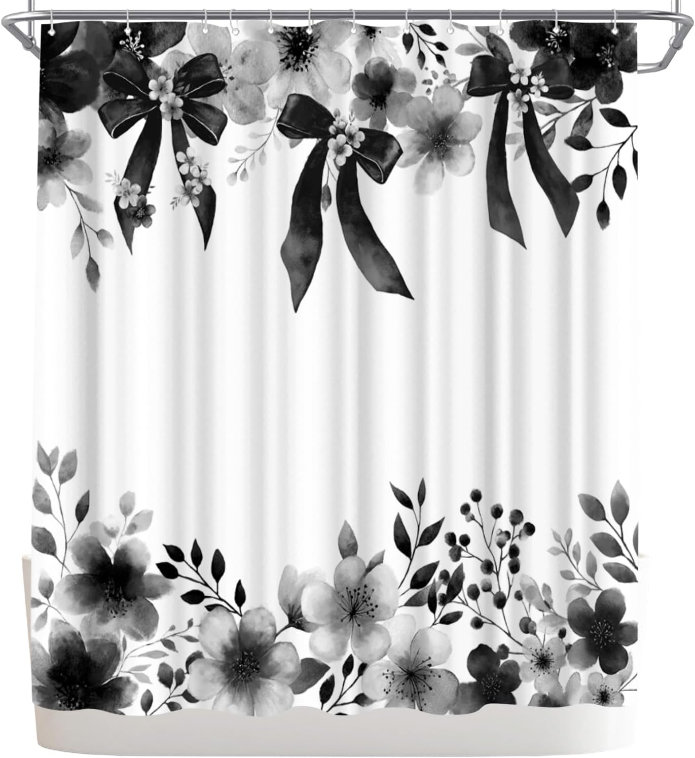 WELMECO Floral Shower Curtain Watercolor Bow Painting Printed Bathroom Decor Polyester Fabric Curtain, 72x72inch with Hooks (Grey)