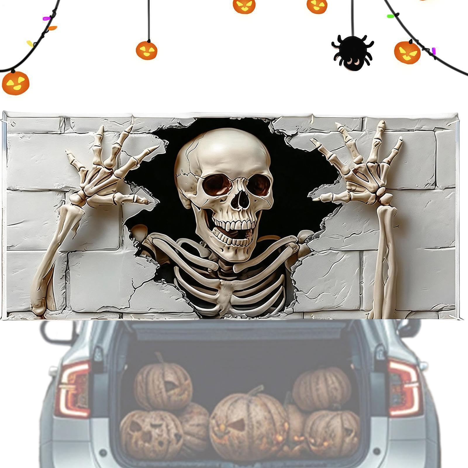 Halloween baner do bramy garażowej, 1,8 x 4 m, wielokrotnego użytku, czaszka Halloween | Ściana garażowa tło baner do użytku na zewnątrz dom podwórko noc księżyca nawiedzony dom wakacje ściana okno impreza