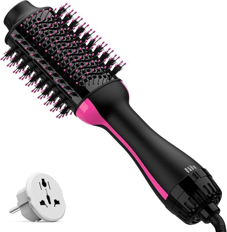 Dual Voltage Hair Dryer Brush with Negative Ion Anti-frizz Styler - Hot Air Volumizer for 110V-120V/220V-240V European and Travel Use | 110-240V Hot Air Brush for European and Travel Use, Negative Ion Anti-frizz Styler Volumizer