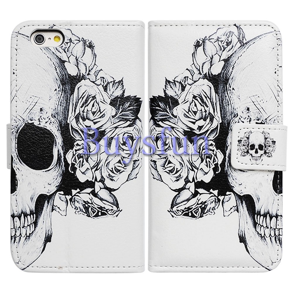 Bfun Packing Bcov White Floral Skull Card Slot Wallet Leather Cover Case for Apple iPhone 6 Plus AT&T Verizon Sprint