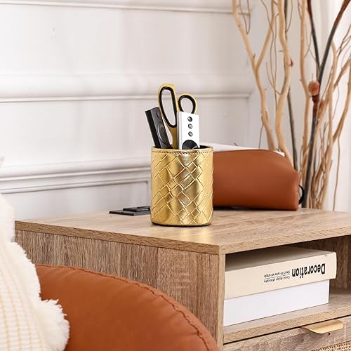 Miniatura 6 de LINKWELL Taza de lápices, organizador de escritorio de cuero PU para cosméticos suministros de oficina, organizador de brochas de maquillaje Gold