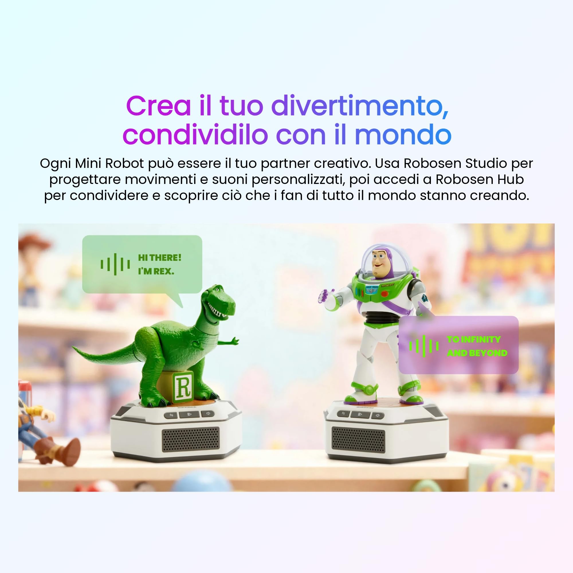 Robosen Set Mini Robot Toy Story Disney Pixar – Personaggi Robot Intelligenti Interattivi con Voce e Movimento | Woody, Buzz, Jessie, Rex, Alien e Lotso | 30° Anniversario