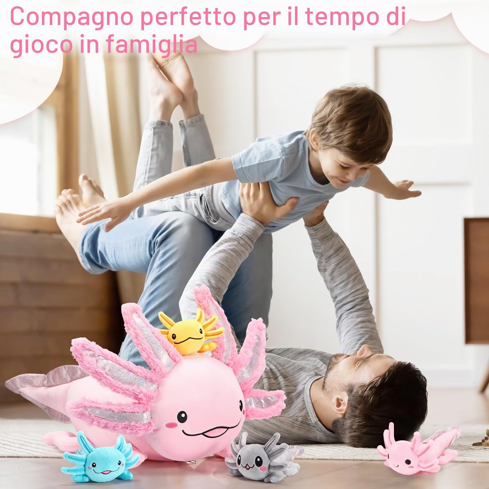 Aoriher Set di Peluche Axolotl da 5 Pezzi Peluche Mamma Axolotl da 60 cm con 4 Simpatici Bambini Axolotl di Peluche nella Sua Pancia Morbida Bambola di Axolotl per Ragazzi Regalo di Natale Compleanno