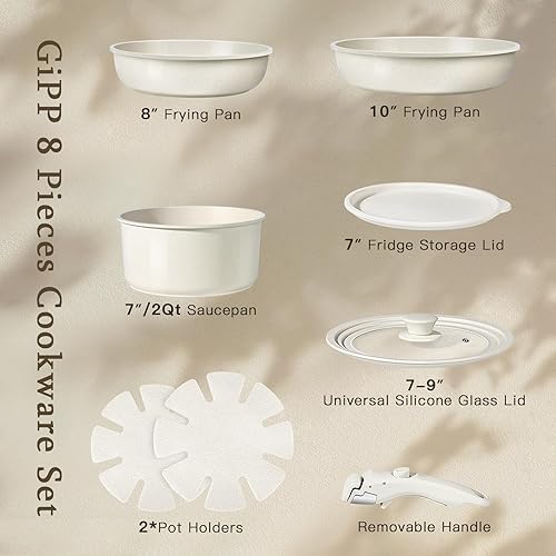 Miniatura 2 de GiPP Juego de ollas y sartenes de cerámica antiadherentes, antiadherentes con mango desmontable, saludable y no tóxico, sin PFAS PFOA y PTFE, apto