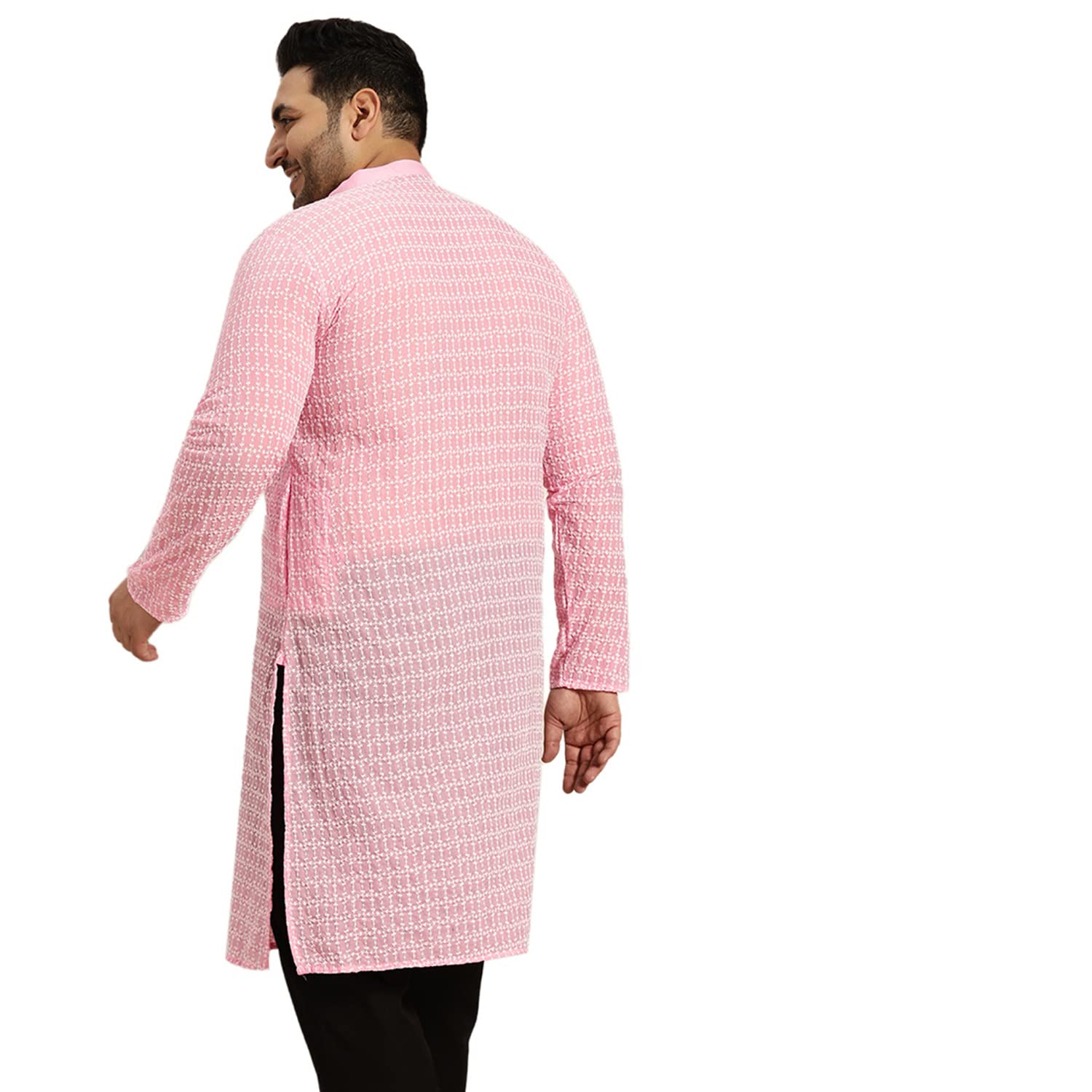 Sojanya Plus (Since 1958) Men's Pure Cotton Pink Kurta With White Embroidery