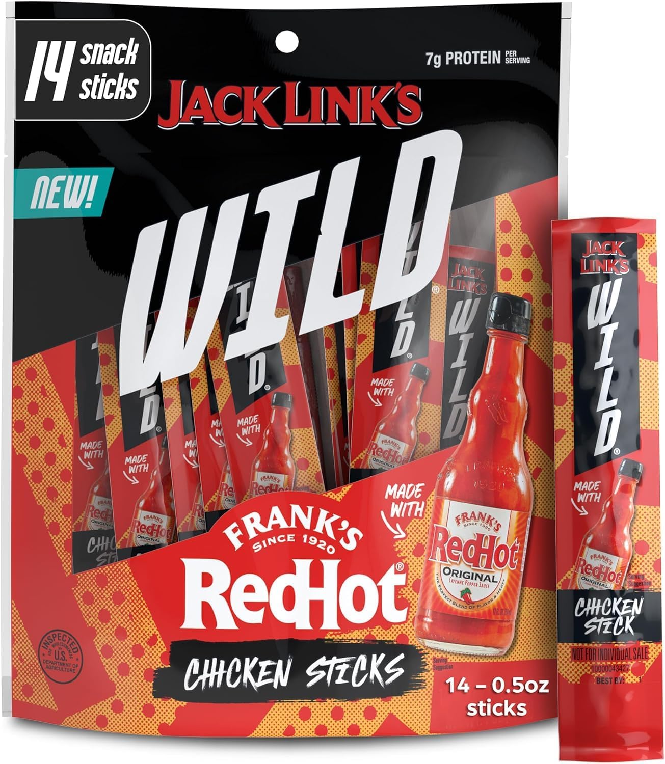 Jack Link's Wild Frank's RedHot Mini Chicken Sticks - Ready to Eat Protein Snacks - 7g of Protein per Serving - (14 Count) 0.5 oz Meat Snacks