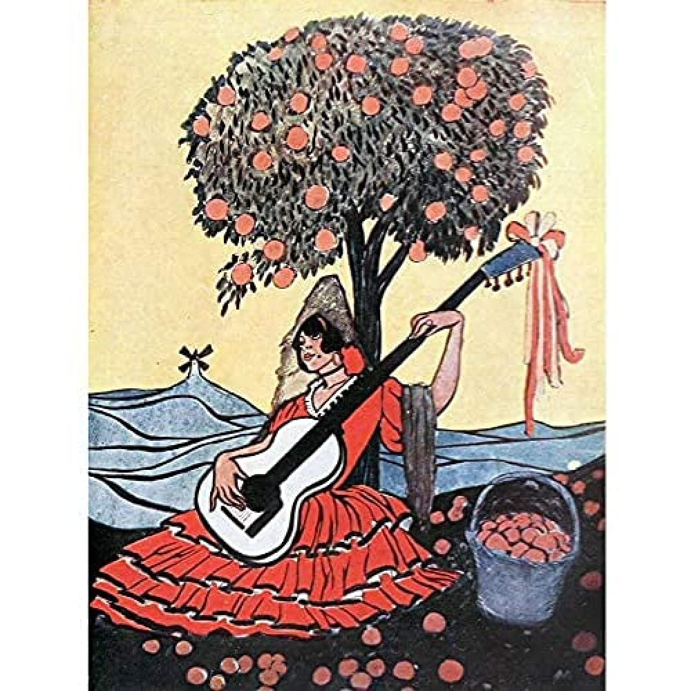 Lengo Sphere Spanish Guitar Woman Tree Painting Art Print Canvas Premium Wall Decor Poster Mural