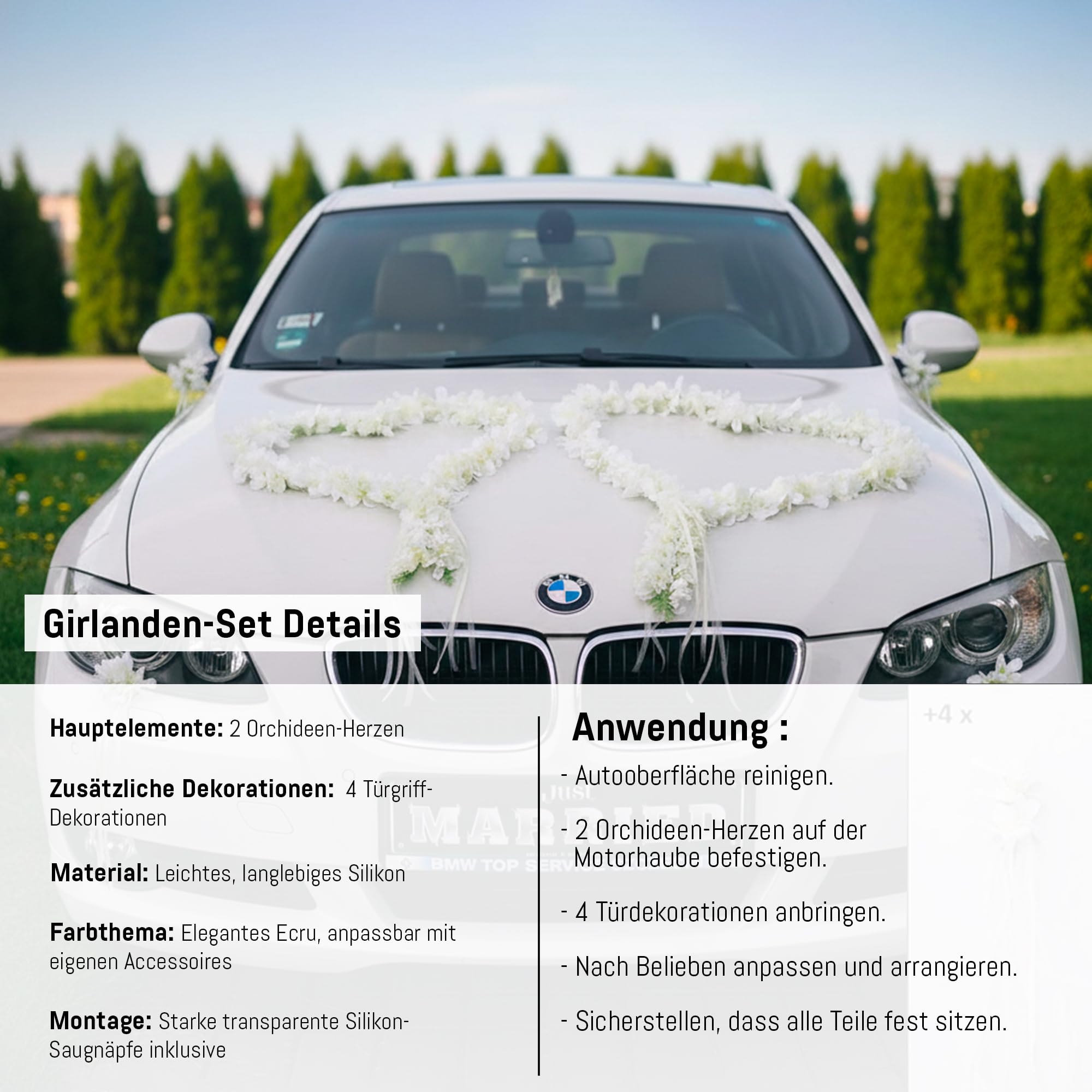 Auto-schmuck so einfach so kreativ Orchidées - Cœur de mariée - Rose - Décoration de Mariage - Voiture - Guirlande de Voiture - Écru