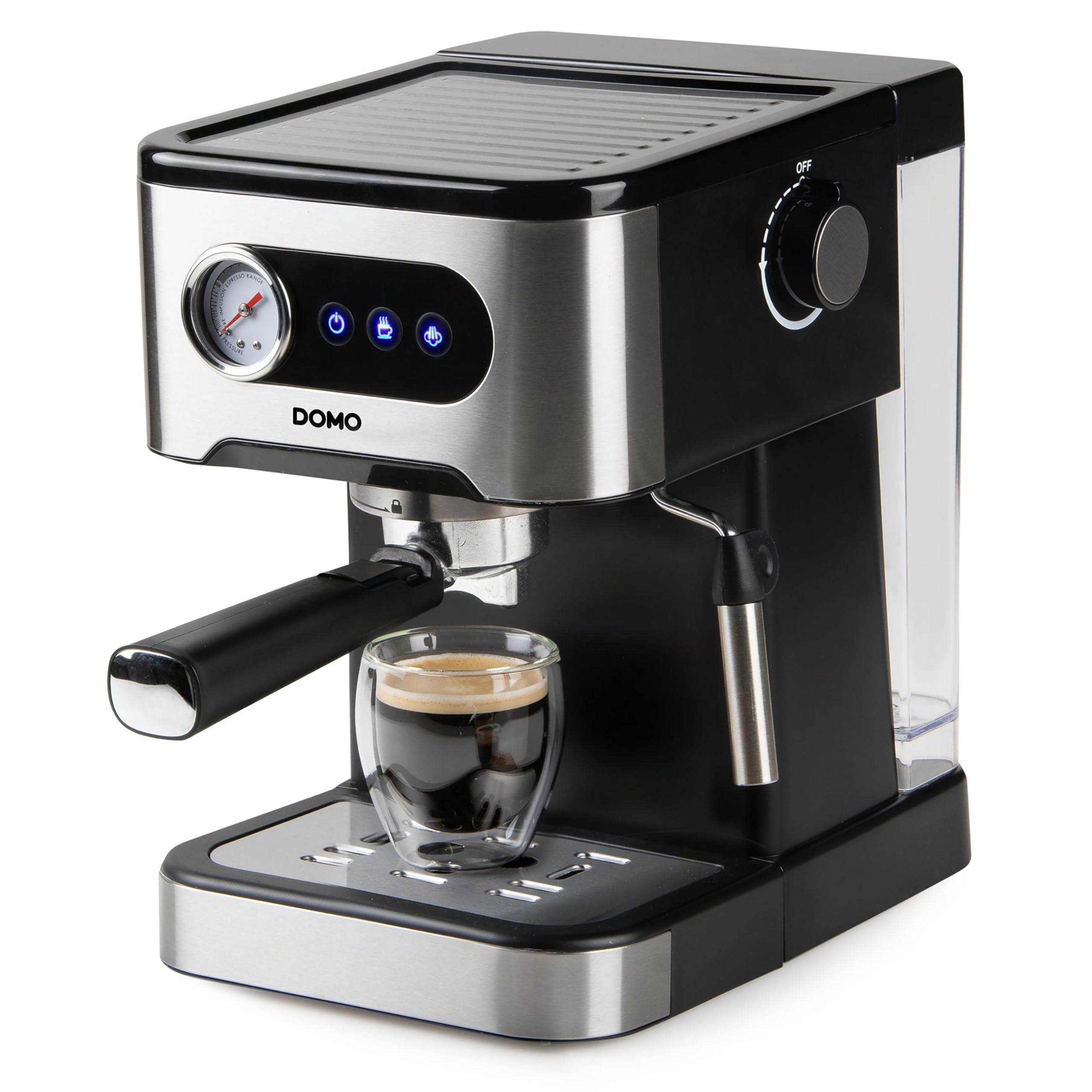 DOMO DO1138K Espressomaschine mit Manometer - 20 Bar - Mit integrierte Dampfdüse - Edelstahl/schwarz