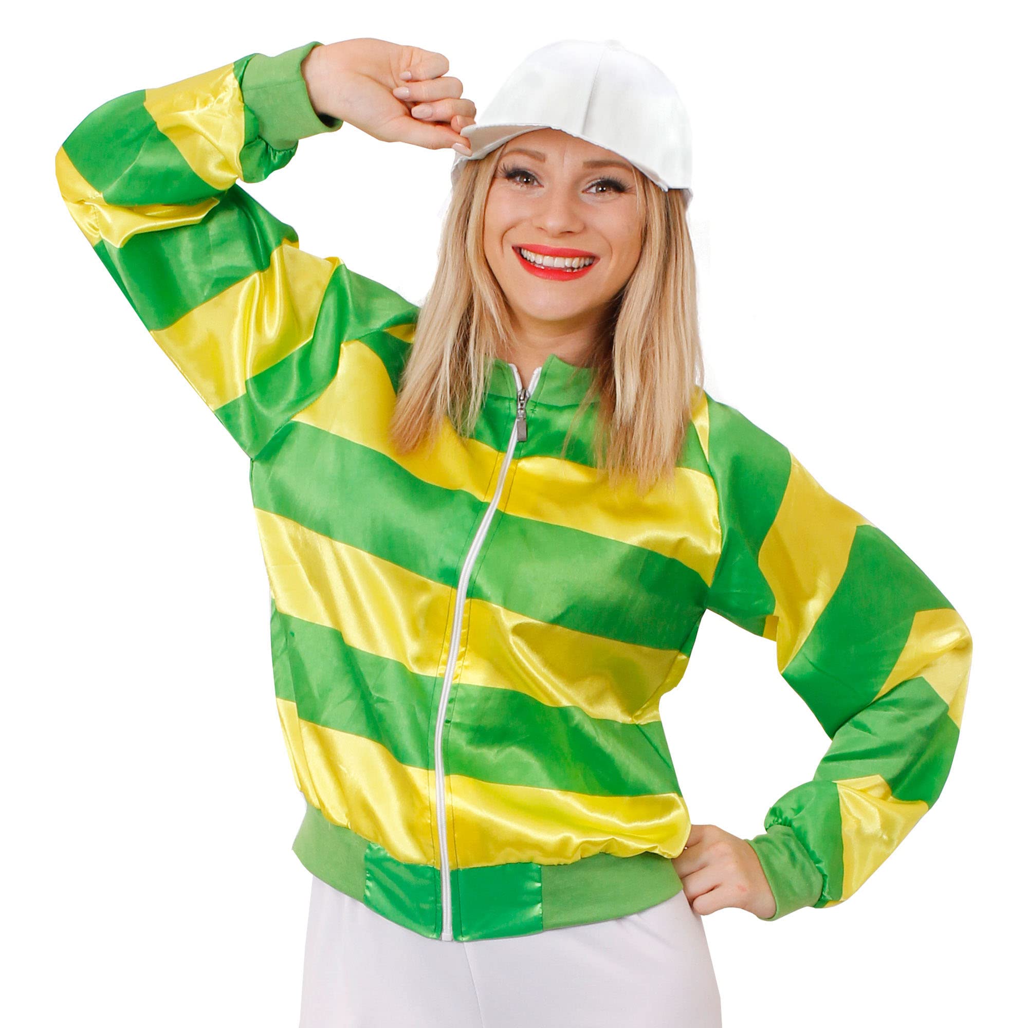 Ladies Jockey Costume Green and Yellow - Small - Jockey Green and Yellow Jacket, White Jockey Hat - Grand National, Horse Racing Fancy Dress