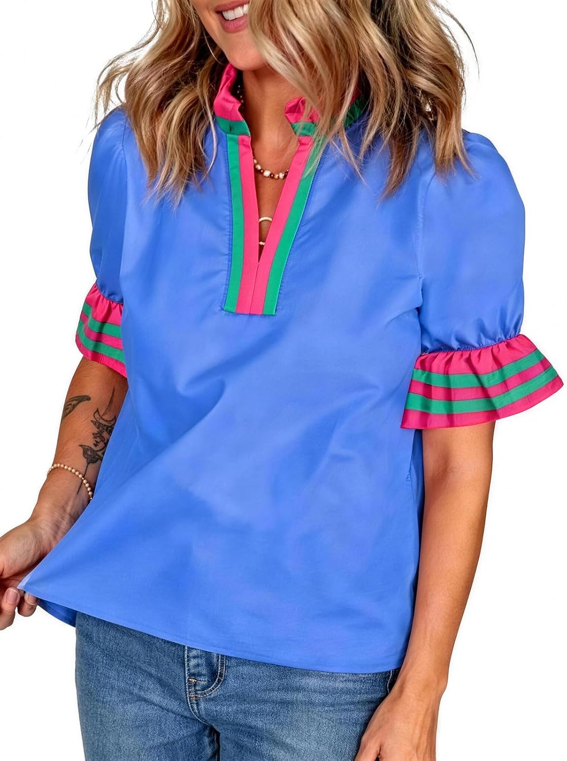 KevaMolly Womens Ruffle Sleeve Blouses Striped Pleated Color Block Collared V Neck Shirts Summer Work Business Casual Tops