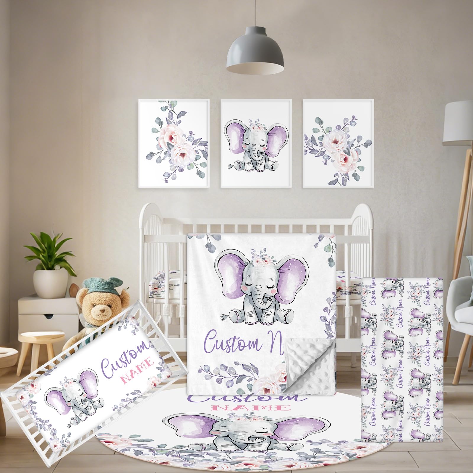 Personalized Baby Crib Bedding Set 5 Pcs Custom Name Nursery Bedding Set Purple Elephants Baby Bedding Set for
