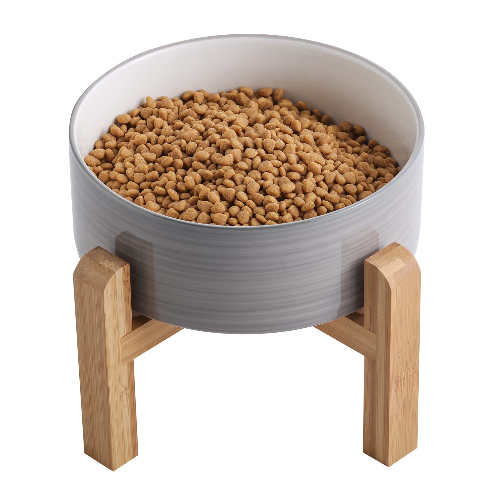 Addogyy Elevated/Raised Dog Bowl Ceramic with Wood Stand for Small Medium Breed,Dog Food Water Dish Heavy Weighted, Non Slip Modern Cute Porcelain 6 Inch Pet Bowl Grey White