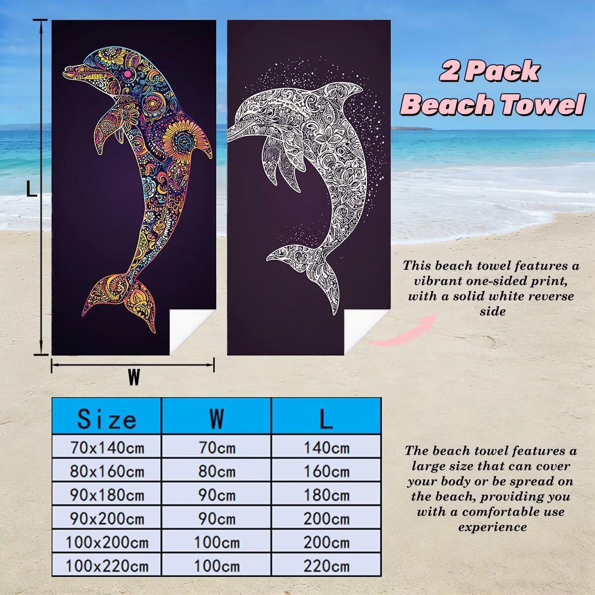 Ręcznik plażowy XXL, 90 x 180 cm, zestaw 2 szt., z mikrofibry, ręcznik plażowy delfin, szybkoschnący, do sauny, fitness, bez piasku, ręcznik plażowy, do sauny, duży ręcznik kąpielowy, prezent dla