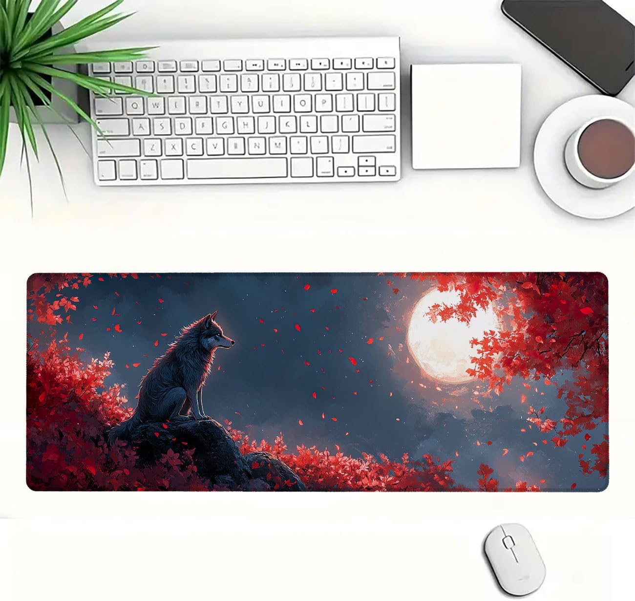 Wolf Mouse Pad Moonlight Flower Leave Cartoon Large Desk Pad with Stitched Edges,Non-Slip Waterproof Rubber Base Mous Mat Office Computer Keyboard Laptop Home 31.5"x11.8" image 2