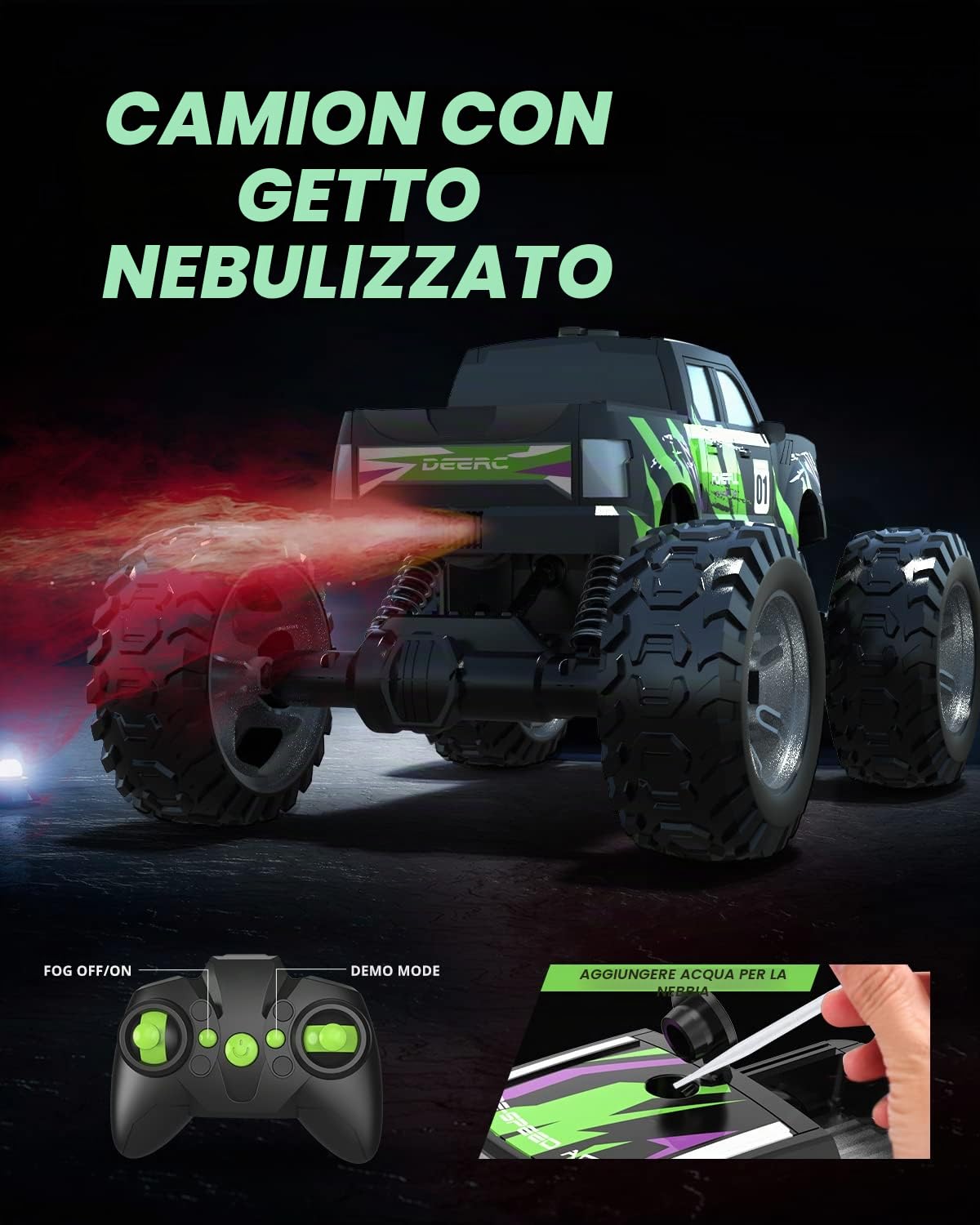 DEERC DE44 1:16 Scala telecomando Monster Truck con nebbia nebbia, Dual Motors Off Road RC auto, 4WD Rock Crawler con luci LED, 70+ Min Play, Veicolo giocattolo per ragazzi ragazze e adulti
