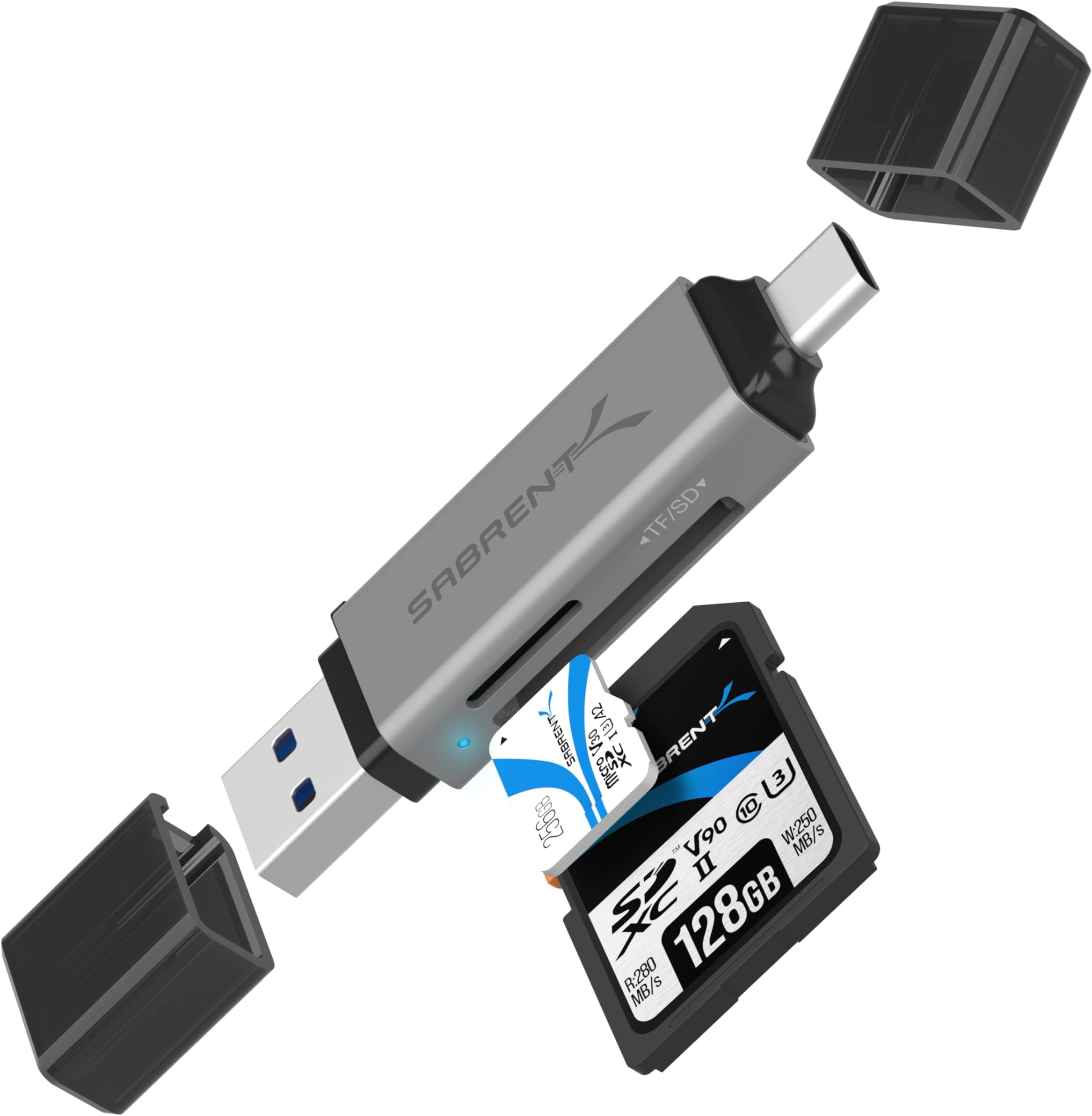 Sabrent USB 3.0 and USB Type-C OTG Card Reader Supports SD, SDHC, SDXC, MMC/MicroSD, T-Flash (CR-BCA2)