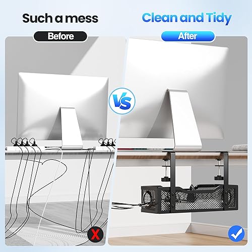 Miniatura 4 de Bandeja de organización de cables debajo del escritorio, caja de organización de cables sin taladrar con abrazadera para organización de cables
