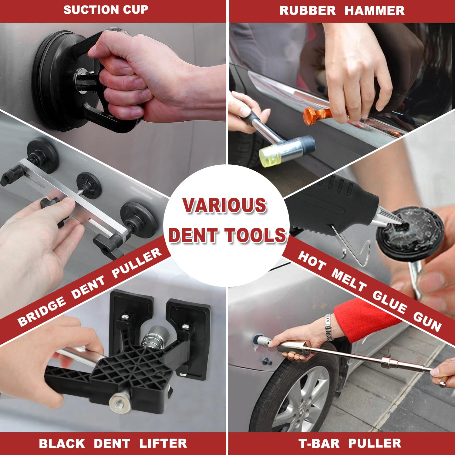 ROADGIVE 100PCS Paint-Friendly Dent Repair Kit Professional, DIY Body Repair Dent Removal Tools with Black Dent Lifter, Bridge, T-Bar Puller, Suction Cup&Glue Gun for Auto Body Repair