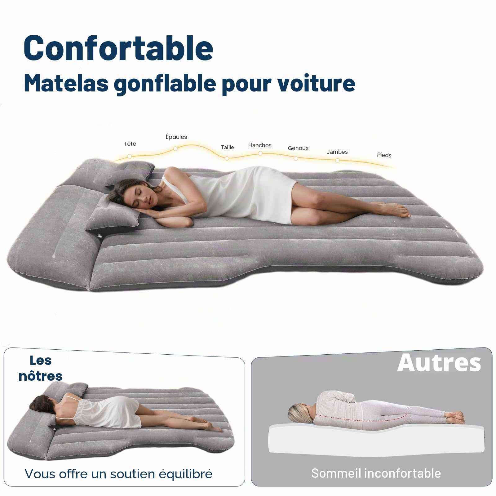 Auto Matratz, SUV Air Matratz, Matratz d'air d'auto épaisse Camping Aufblasbett für Kofferraum/Hintersitz, Matratz Gonflable für ModelY/SUV/RV/Minivan Voyage/Maison/Extérieur (Gris)