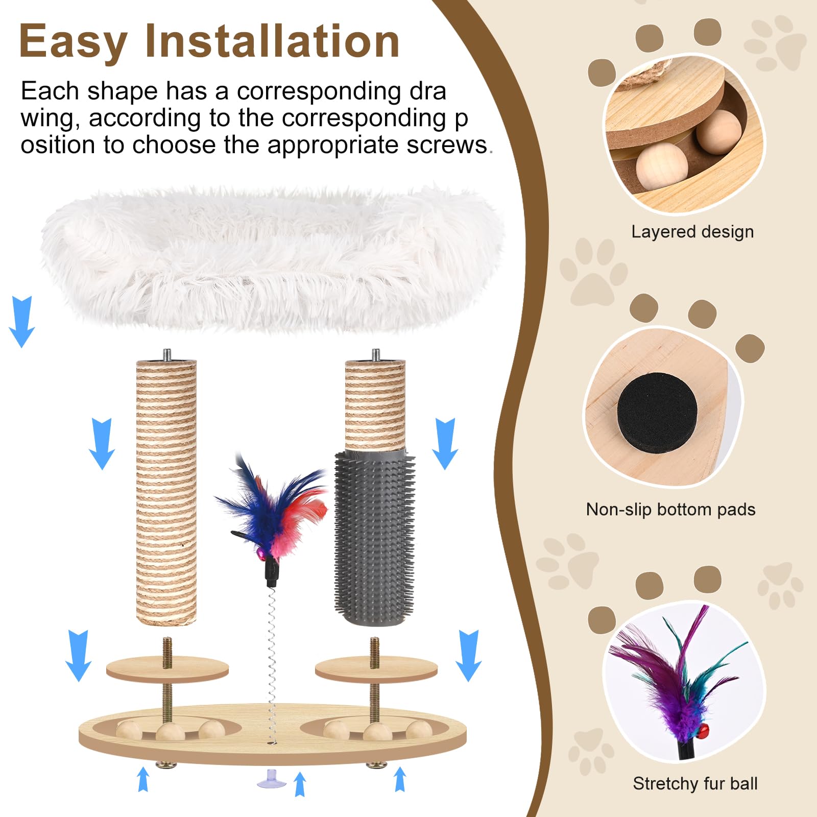 Holzkugel-Katzenkarussell, Banaone 4 in 1 Interaktives Katzenspielzeug, Katzenspielzeug Selbstbeschäftigung mit Frühling Cat Scratching Post für Katzen in Innenräumen
