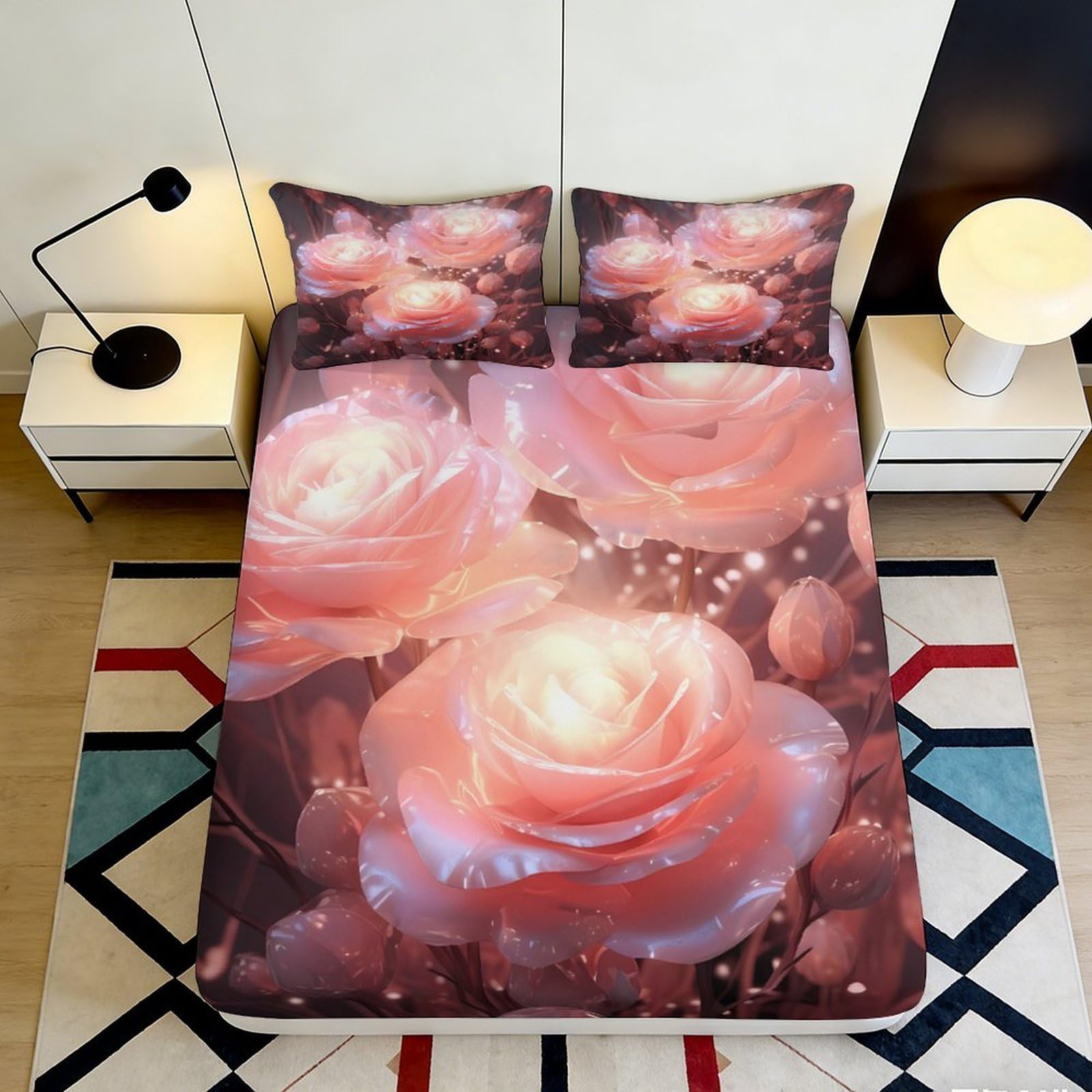 Rose Pattern Fitted Sheet 3D Printed Microfiber Soft Touch Bed Cover for Bedroom Decor, Dustproof, Easy Care, Apartment Bedding, 120x200x25cm