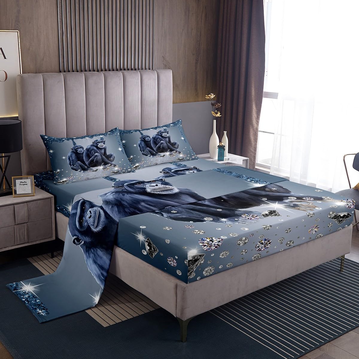 Erosebridal Chimpanzee Bed Sheets Set Grey Sequin Fluid Art Sheet Set Full Crystal Diamond Sheets Wild Animal Fitted