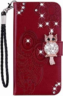 Reevermap Samsung Galaxy S21 FE Case Glitter, Bling Flip Wallet PU Leather Case Owl Rhinestone Stand Card Holder Shockproof Bumper Cover for Samsung Galaxy S21 FE, Wine Red