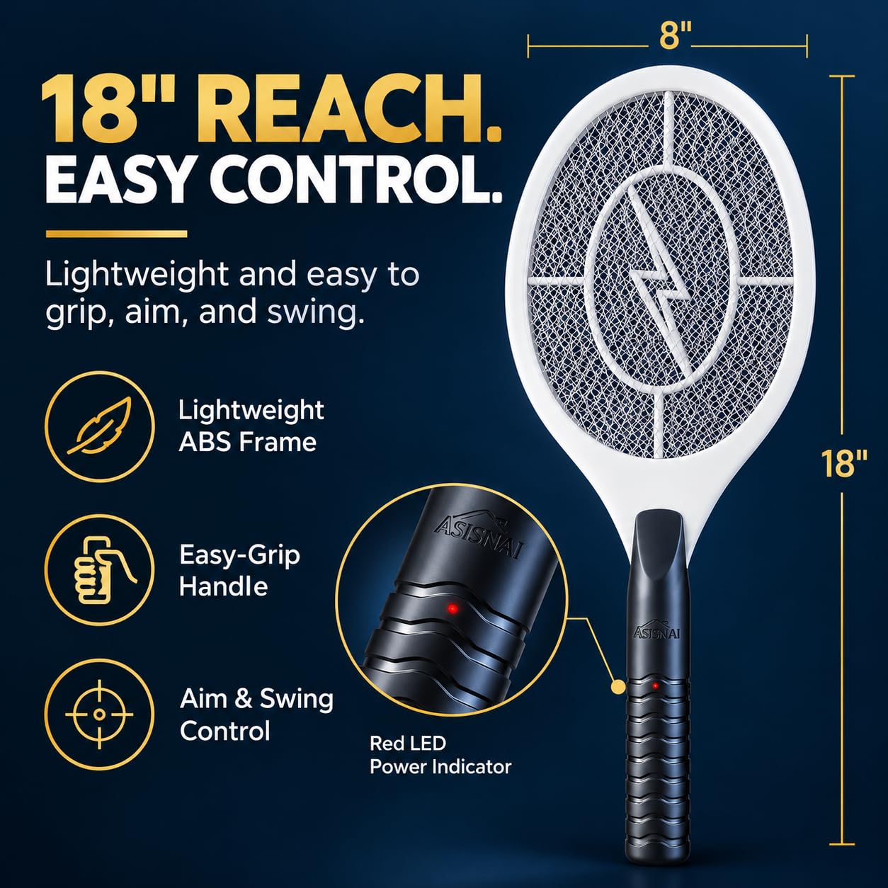 Bug Zapper Racket, Elektrische Fliegenklatsche für Mücken, Fliegen und fliegende Insekten, 45,7 cm Handheld-batteriebetriebener Fliegenvernichter für den Innen- und Außenbereich, 2 AA-Batterien