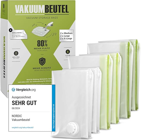 NORDIC® Vakuumbeutel für Kleidung – 6 Stück (2M+2L+2XL) – BPA Frei - Vakuumbeutel für Bettdecken –Vacuum Bags for Clothing – Vakuumierbeutel Kleidung – Vacuum Storage Bags - Vakuum Reisebeutel