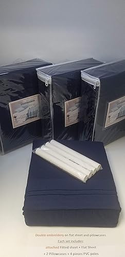 Linen Superstore Juego de sábanas ultrasuaves de 4 piezas para cama de agua, bastones de estancia libre, color sólido con bordado (King, azul marino)