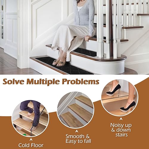 Miniatura 6 de Seloom Peldaños de escalera de 9 x 36 pulgadas para peldaños de madera, alfombra antideslizante con respaldo antideslizante especializada para