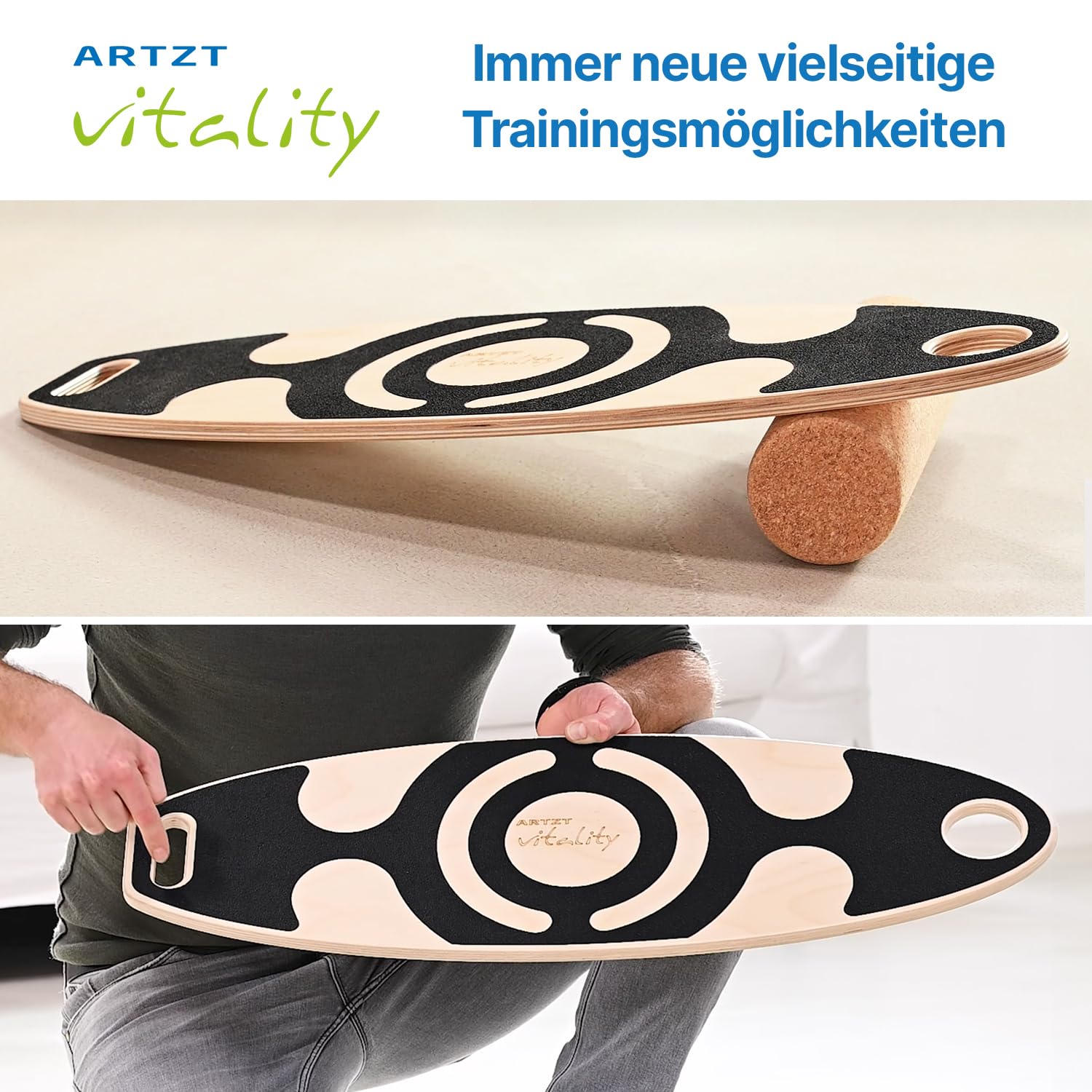 Balance Board mit Korkrolle | Gleichgewitchtsboard aus Holz bis 120kg für Koordinationstraining Gleichgewichtstraining Balance-Board Surfbrett Erwachsene | Made in EU Buche, 75 x 25 cm
