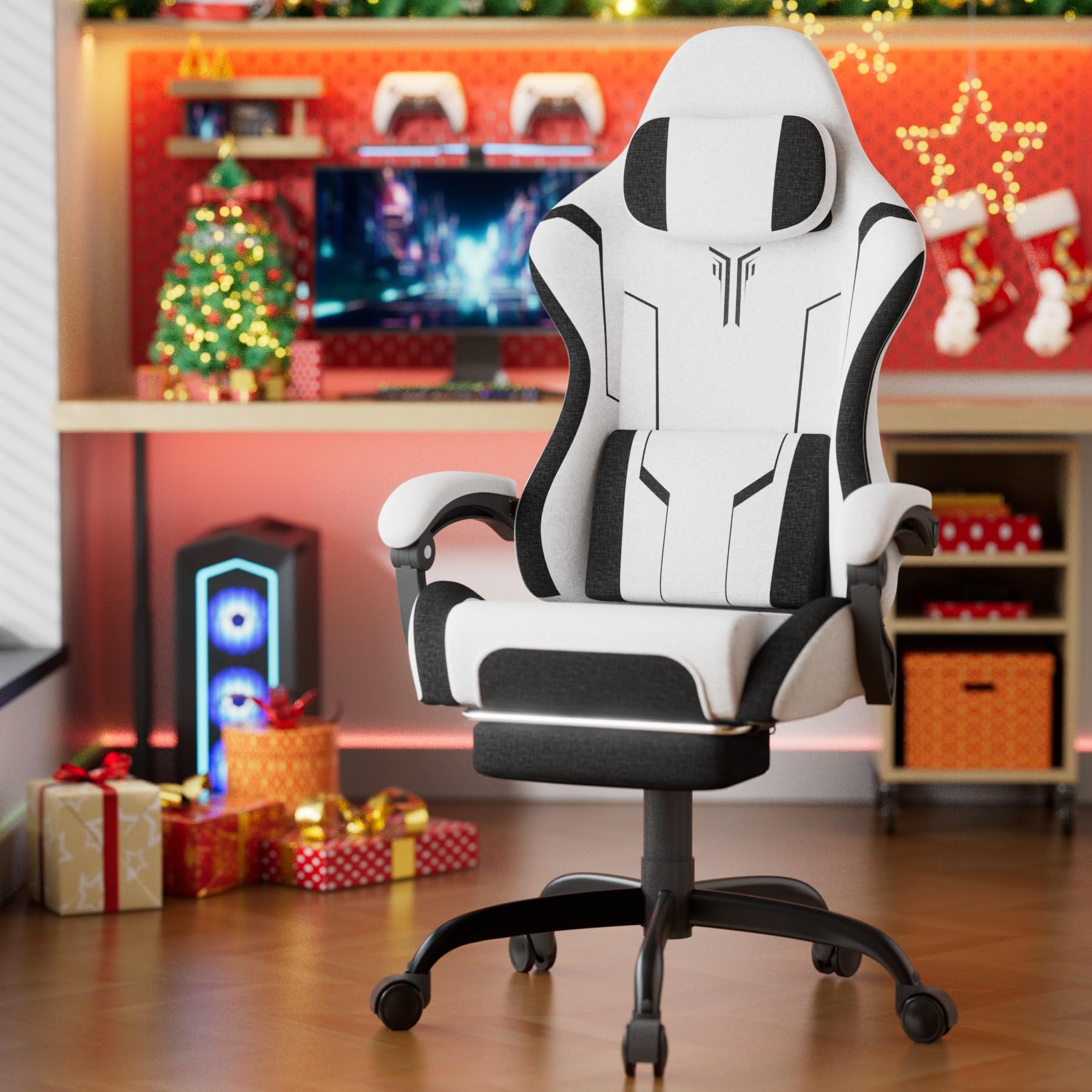Soontrans Silla Gaming con Masaje Lumbar Silla Gamer con Reposapiés Retráctil y Cojín Sillas Gaming Respaldos Inclinables hasta 135 Grados Capacidad de Carga de 150 kg (Blanco)