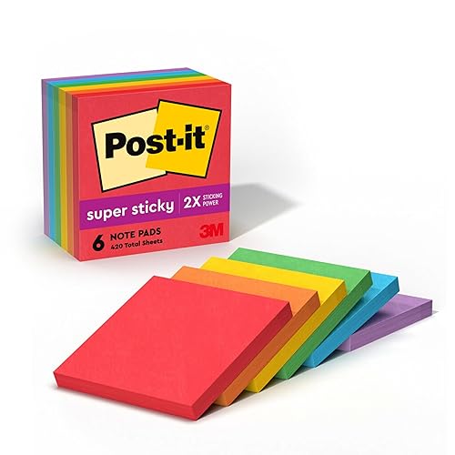 Post-it Super Sticky Notes, 6 Sticky Note Pads, 3 x 3 in., Ideal for Organization in Your Dorm, Home or Office, Playful Primaries Collection