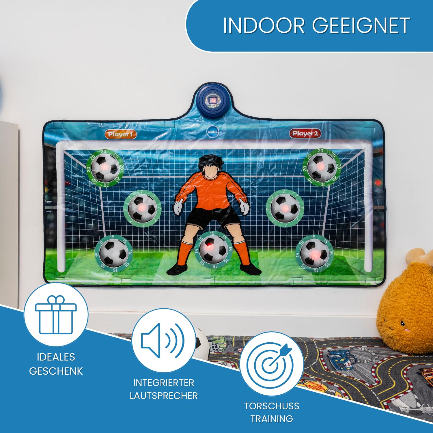 Electro Keeper – Elektronische Torwand & Fußballmatte mit 2 Spieler Punktezähler – Fußballspiel für Indoor & Garten – Fussballtor Geschenk für Jungen & Kinder – inkl. Ball & Pumpe
