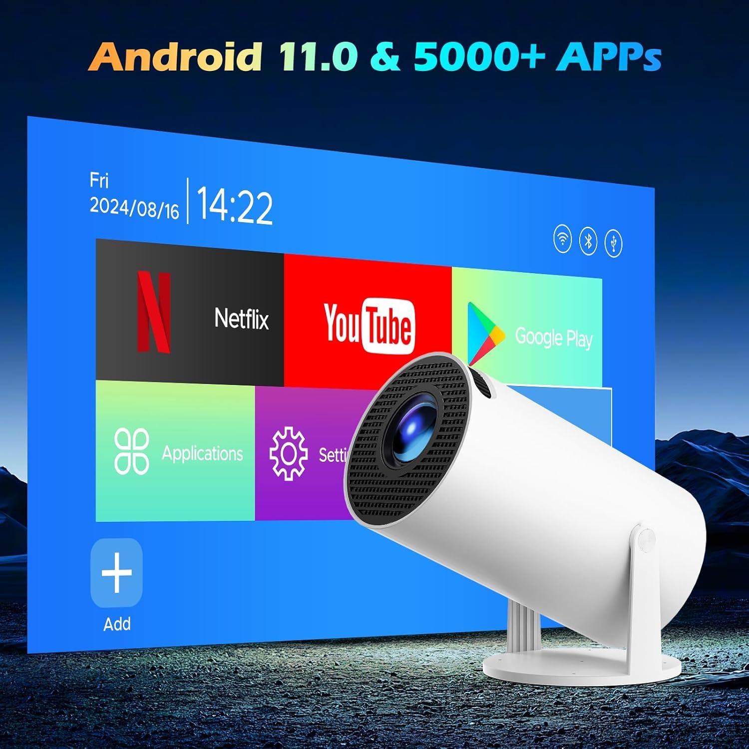 Mini Projector, HY300 PRO Portable Projector, Support 4K 1080P with Dual-Band WIFI6 5G Wireless 5.2 Bluetooth Android 11, 180° Rotatable, Auto Keystone Correction, 35"-130" Screen Video Projector 3