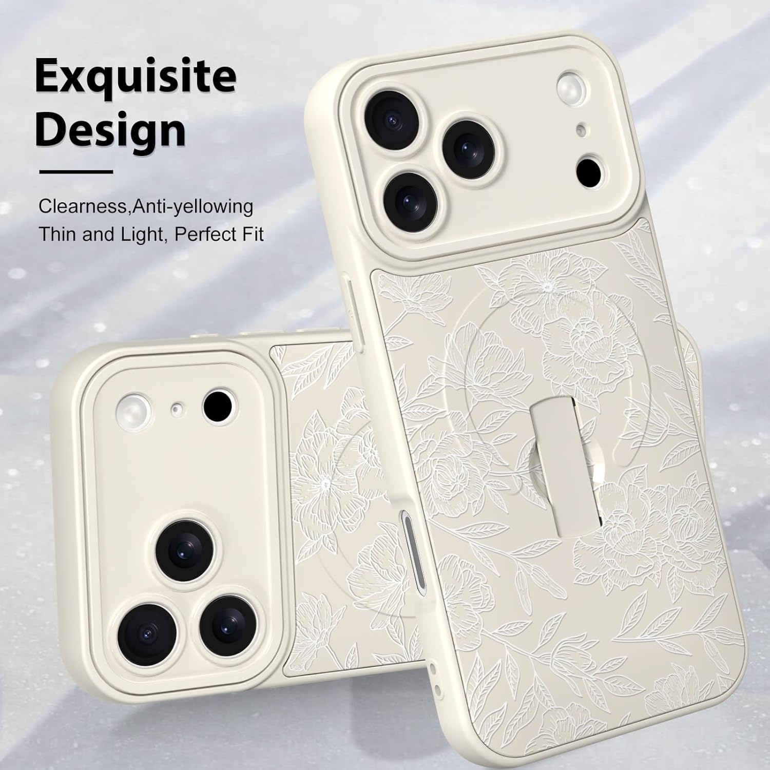 MZELQ for iPhone 17 Pro Max Case, Silicone Rose Floral Flower Cute Pattern, Support for MagSafe, Kickstand Wristband Camera Protection Soft Slim Phone Case for Girls Women -White - Image 3