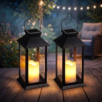 Solar Garden Lanterns Outdoor Hanging Waterproof Lights for Candles 2 Pack Black [Energy Class A+]