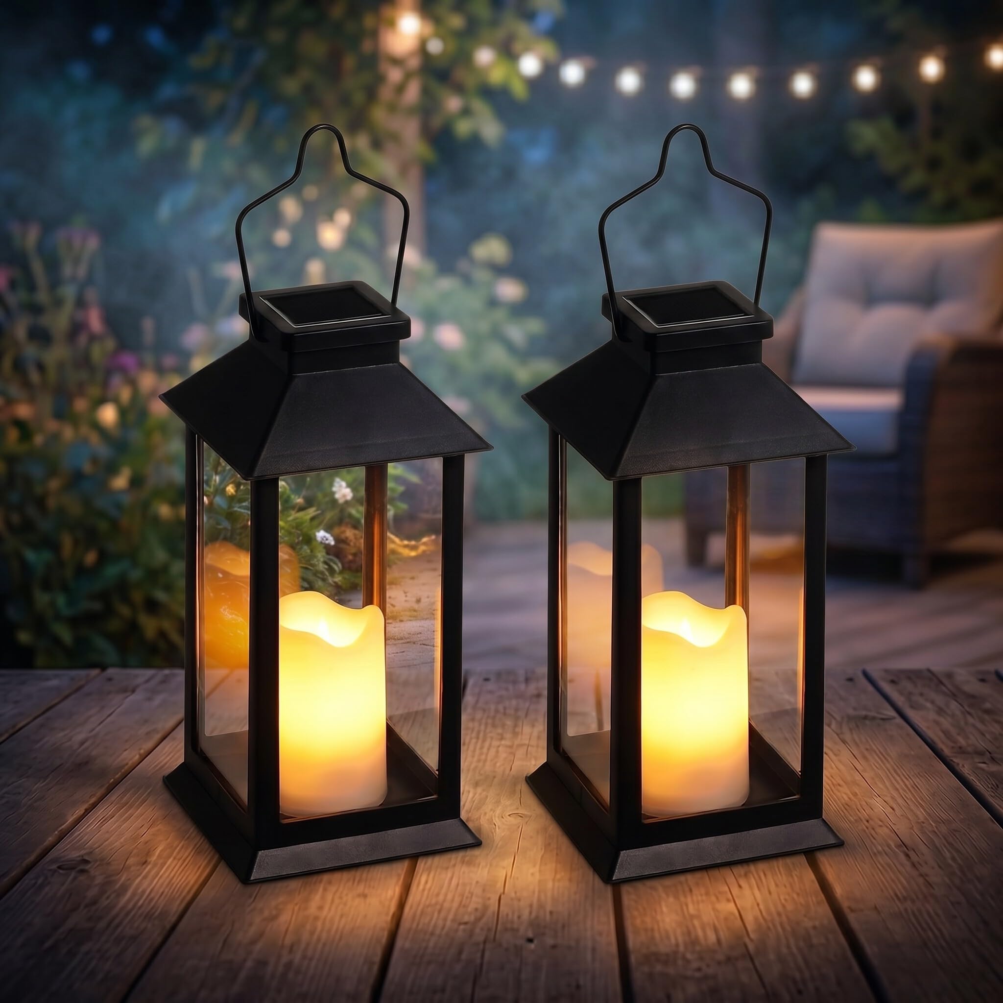 Solar Garden Lanterns Outdoor Hanging Waterproof Lights for Candles 2 Pack (Black)