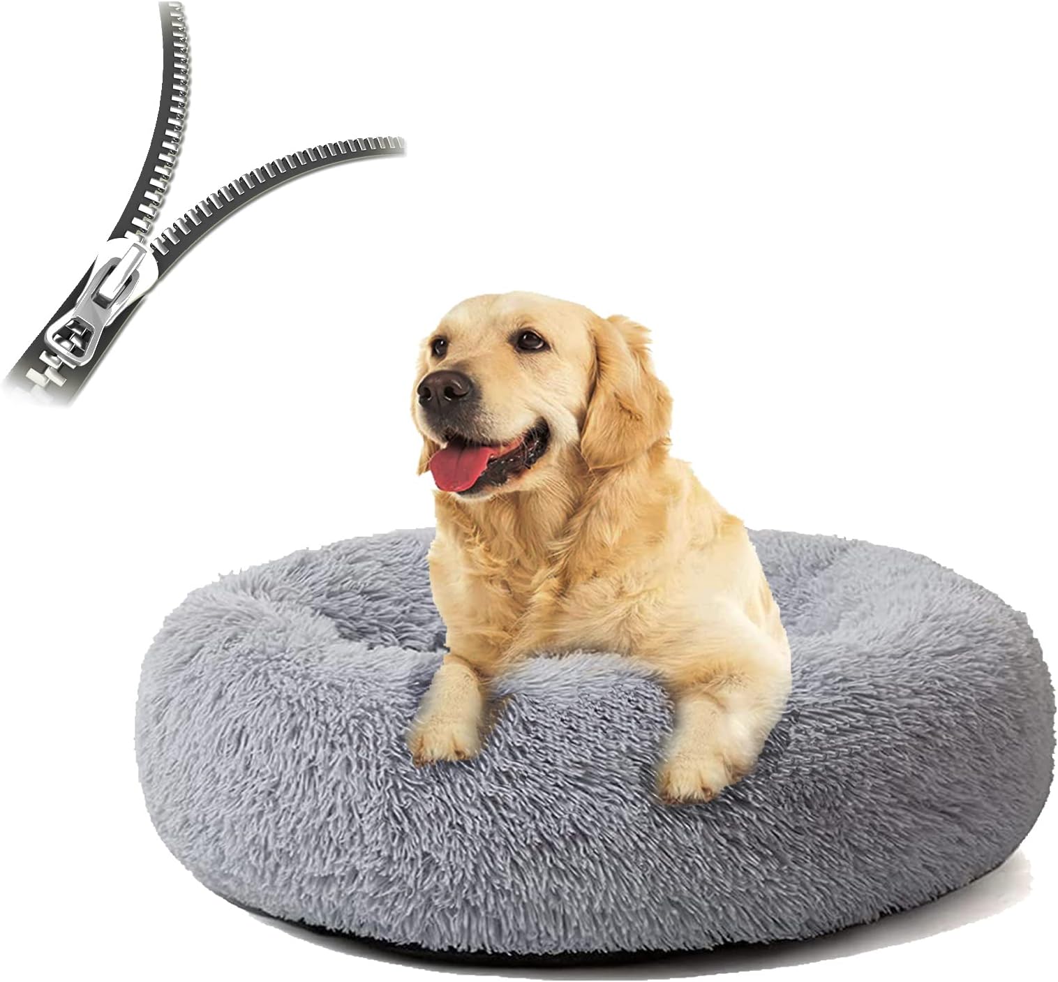 Dog Bed, Cat Bed, Round Fluffy Cat Bed, Removable Washable Dog Cushion, Soft Plush Doughnut Pet Bed for Cats, Dogs (100 cm, Light Grey)