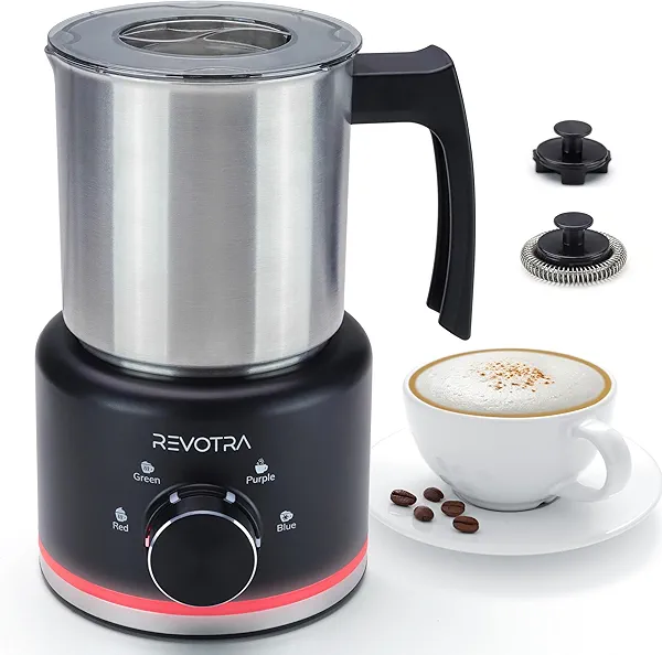 Milk Frother and Steamer, 500ml 4-in-1 Electric Foam Maker with Dial Control & LED Indicator, Hot & Cold Milk Frother, Non-Stick Stainless Steel, Silent, Easy to Clean, for Coffee, Latte, Cappuccino