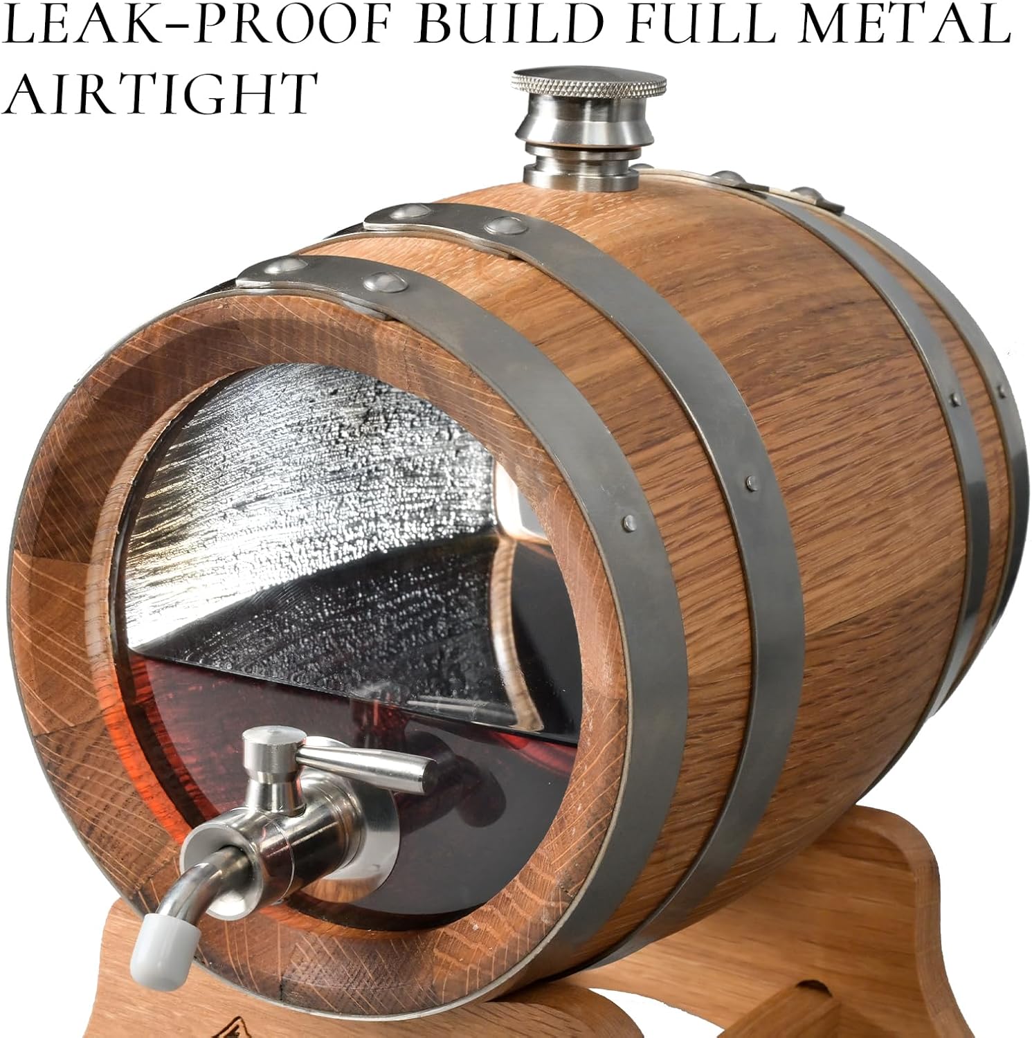 1.5 Liter Visualized Oak Aging Barrel : Mini Charred Oak Whiskey Barrels with Stand, Bung & Spigot - For Personalized Age Cocktails, Bourbon, Whisky, Tequila, Rum, Mead Wine, Beer
